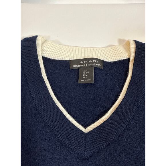 Tahari Womens Merino Wool V-Neck Sweater Navy & White Soft Twee Preppy M - Picture 7 of 8